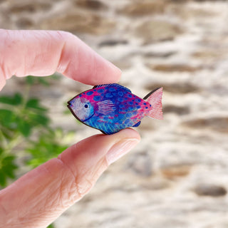 **NEW!** Blue Fish Wooden Pin Badge