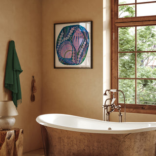 Print of an original painting by Lee Foster-Wilson of shells and seaweed displayed in a neutral bathroom