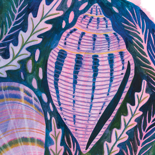 Close up of a print of an original painting by Lee Foster-Wilson of shells and seaweed