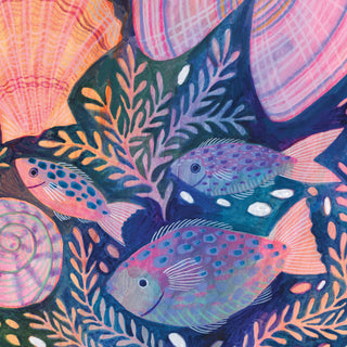 Close up of a print of an original painting by Lee Foster-Wilson of fish and shells 