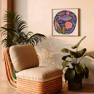 Original painting by Lee Foster-Wilson of fish and shells displayed in a neutral retro living room