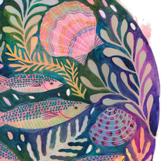 Close up of an art print of colourful fish, shells and sea anemone by Lee Foster-Wilson 