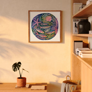 Original painting by Lee Foster-Wilson of fish, shells and starfish displayed in a sunlit neutral room