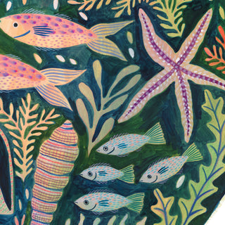 Close up of an art print of an original painting by Lee Foster-Wilson of fish, shells, seaweed and starfish 