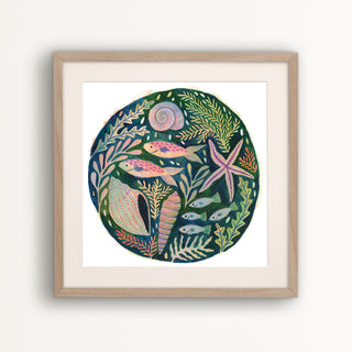 art print of an original painting by Lee Foster-Wilson of fish, shells, seaweed and starfish displayed in a wooden frame