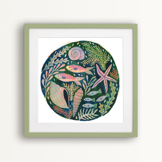 art print of an original painting by Lee Foster-Wilson of fish, shells, seaweed and starfish displayed in a pale green frame