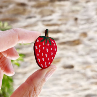 **NEW!** Strawberry Wooden Pin Badge