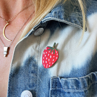 **NEW!** Strawberry Wooden Pin Badge