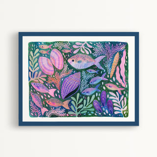 Art Print of an original artwork by Lee Foster-Wilson of fish, shells and seaweed displayed in a dark blue frame