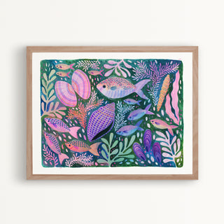 Art Print of an original artwork by Lee Foster-Wilson of fish, shells and seaweed displayed in a wooden frame