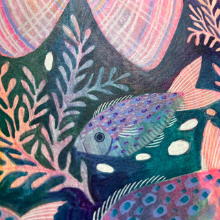 Close up of a mixed media painting of colourful fish and shells by Lee Foster-Wilson