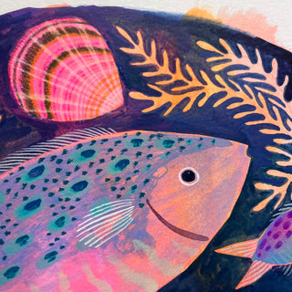 Close Up of an original painting by Lee Foster-Wilson of fish and shells