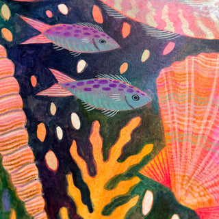 Close Up of an original painting by Lee Foster-Wilson of fish and shells