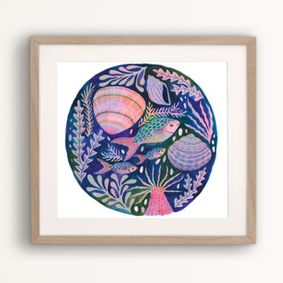 Original painting by Lee Foster-Wilson of fish, shells and sea anemone displayed in a wooden frame