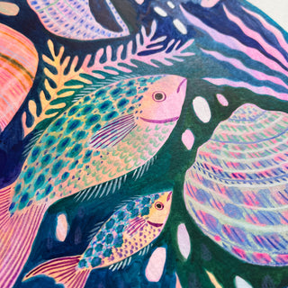 Close Up of an original painting by Lee Foster-Wilson of fish and shells