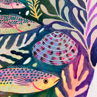 Close up of an original painting by Lee Foster-Wilson of fish, shells and starfish