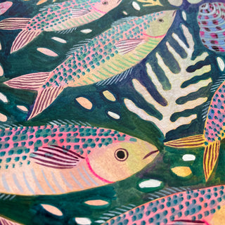 Close up of an original painting by Lee Foster-Wilson of fish and seaweed