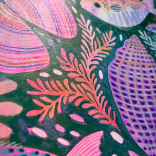 Close up of an original painting by Lee Foster-Wilson of colourful fish, shells and seaweed