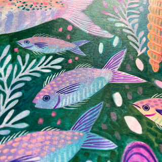 Close up of an art Print of an original artwork by Lee Foster-Wilson of fish, shells and seaweed 