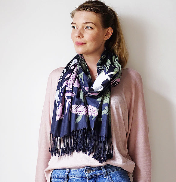 Illustrated Rainforest Scarf - Hand Printed - Blue - Limited Edition